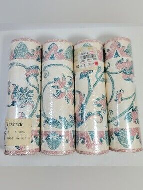 Wallpaper BORDER 4 Rolls Cream Teal Mauve Scroll Vine Floral Leaves 5 Yds Vtg